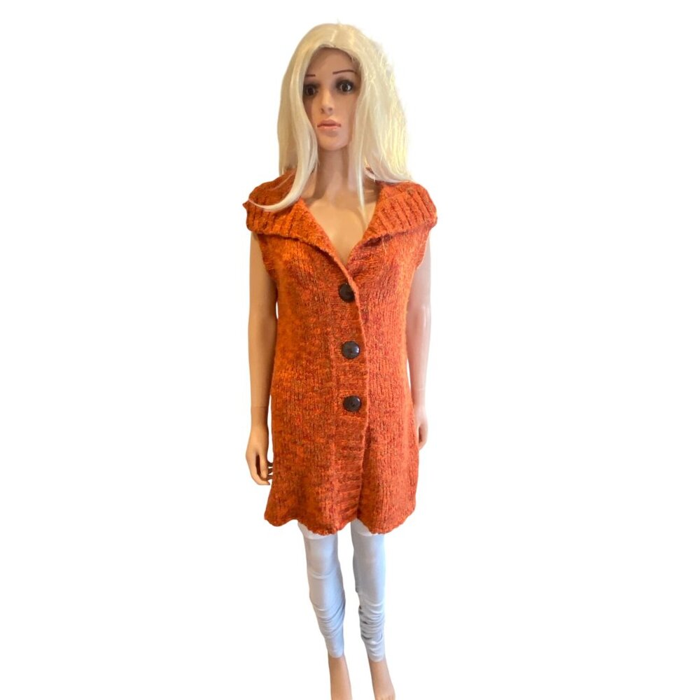 Chico's Crochet Long Sweater Cardigan Vest W's M Wool Blend Orange Fall Chunky - Picture 9 of 12